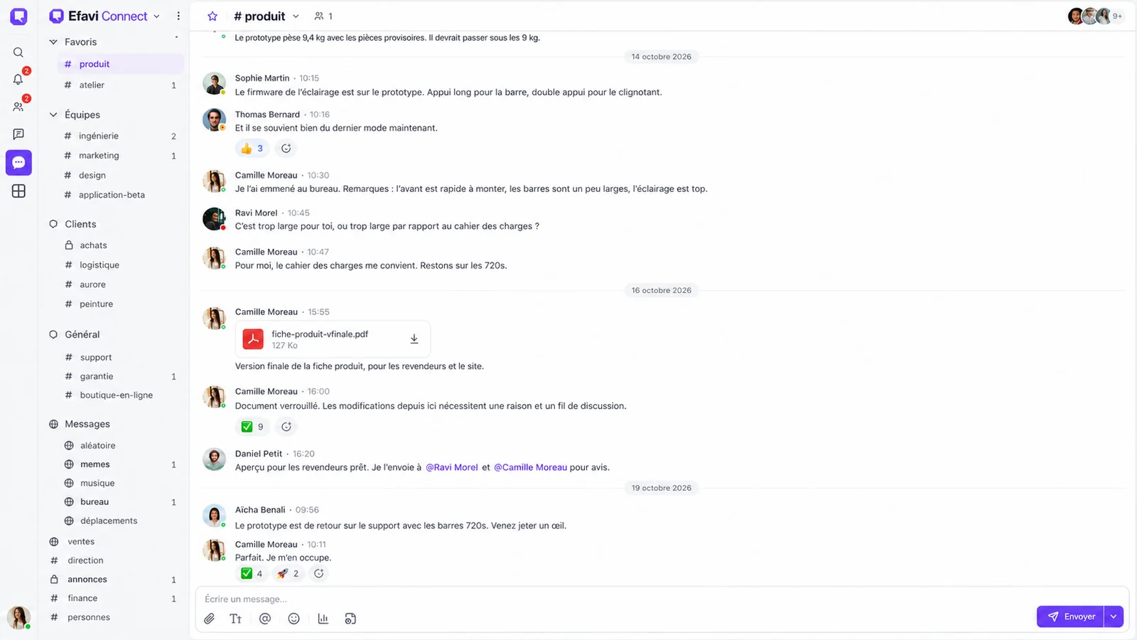 Interface adaptée Efavi Connect : canaux, conversation, document et réactions