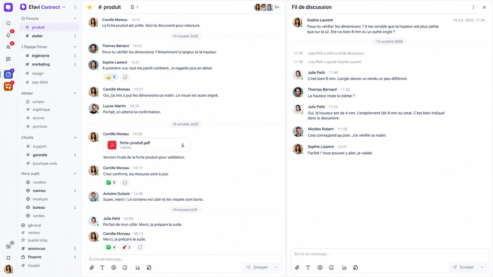 Interface adaptée Efavi Connect : conversation et fil de discussion ouvert
