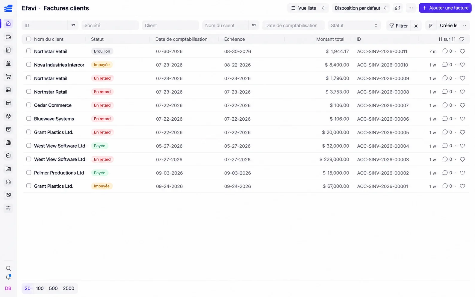 Interface adaptée d’Efavi : liste de factures clients, statuts et échéances