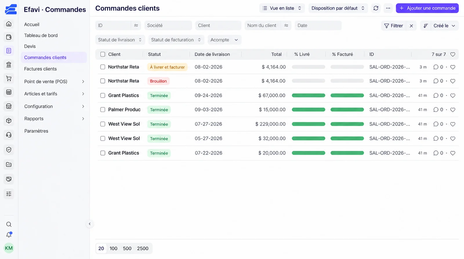 Interface adaptée d’Efavi : commandes clients avec états de livraison et de facturation
