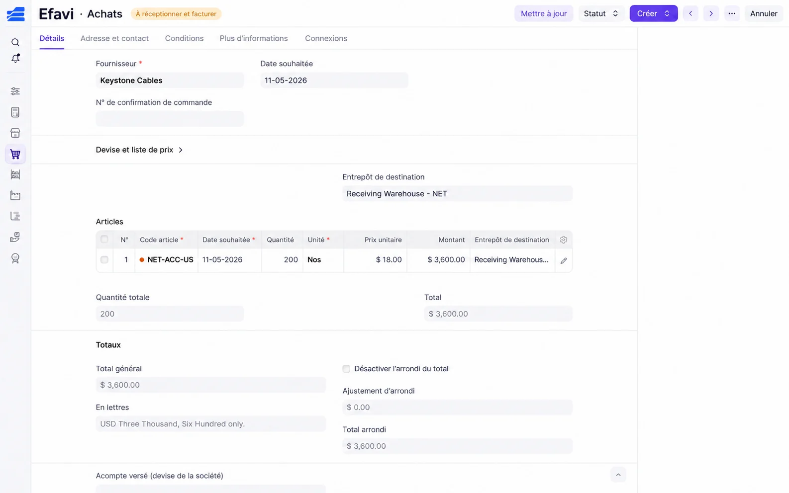 Interface adaptée d’Efavi : commande fournisseur, entrepôt, articles et montants