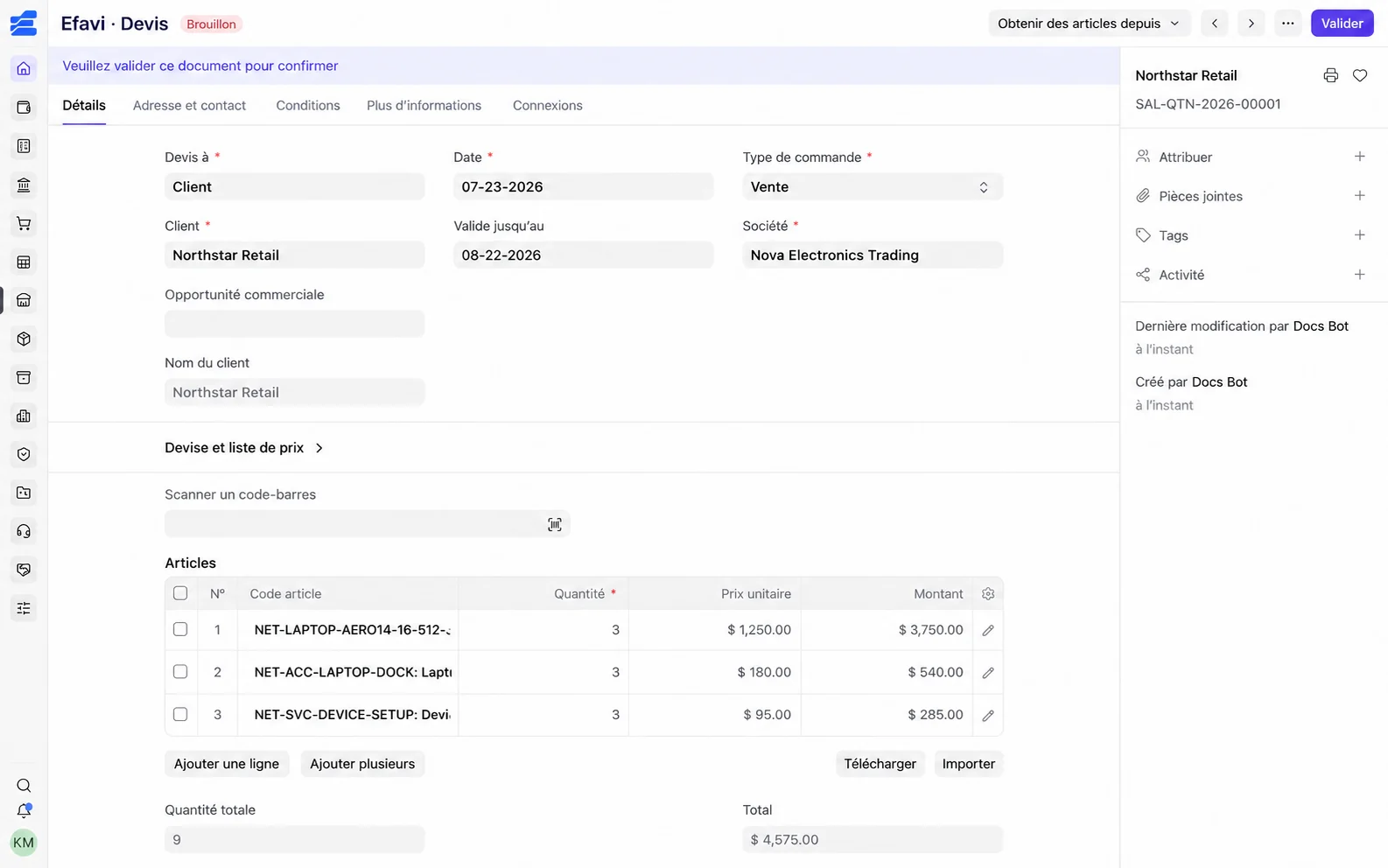 Interface adaptée d’Efavi : formulaire de devis, articles et activité du document
