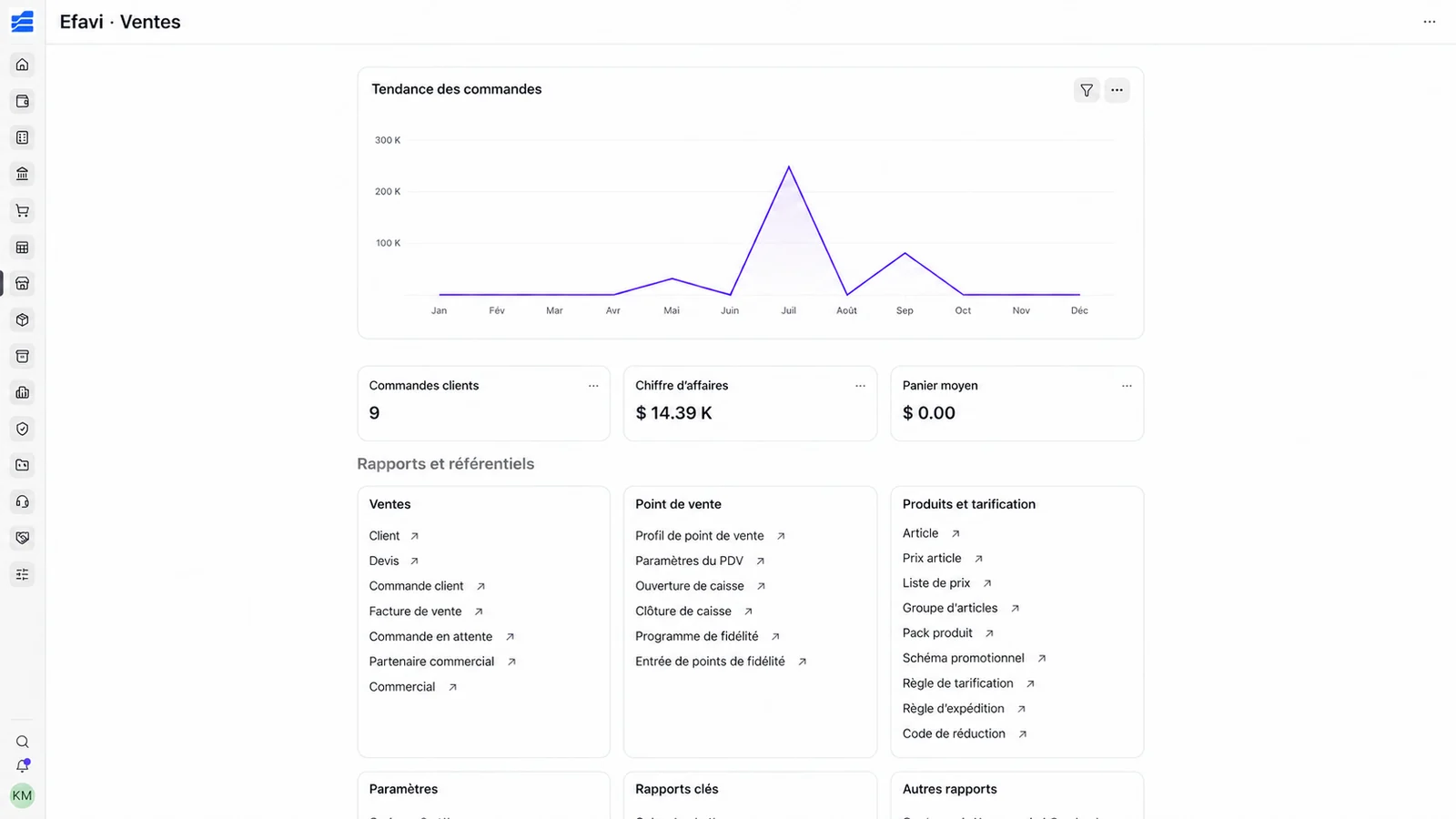 Interface adaptée d’Efavi : espace commercial avec commandes, indicateurs et accès aux documents