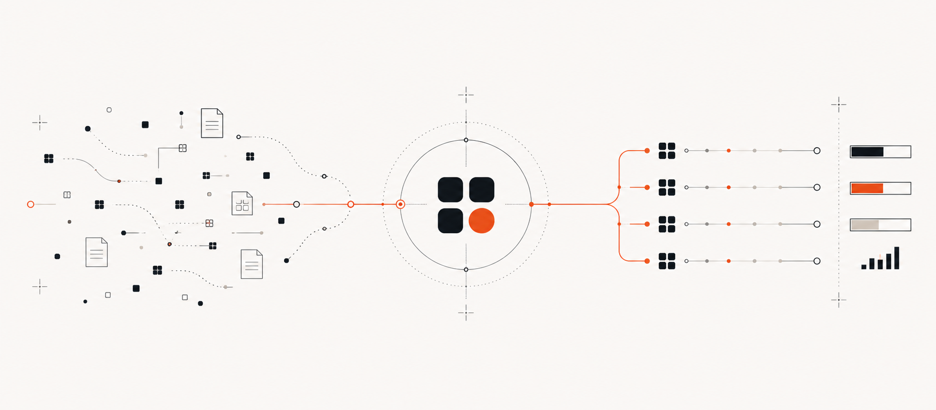 Diagramme abstrait montrant un processus fragmenté qui devient un système ordonné et mesurable grâce à Littlab.